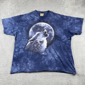 Vintage The Mountain Shirt Mens 3XL Blue Tie Dye Howling Wolf Moon Crewneck 90's